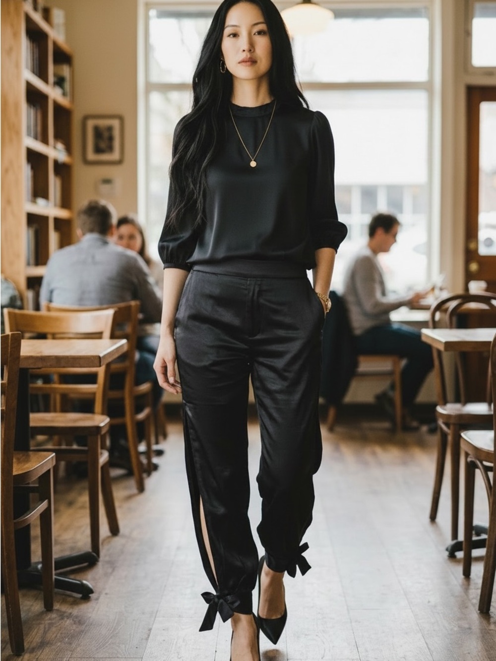 Black Women's Satin Tie-Hem Pants